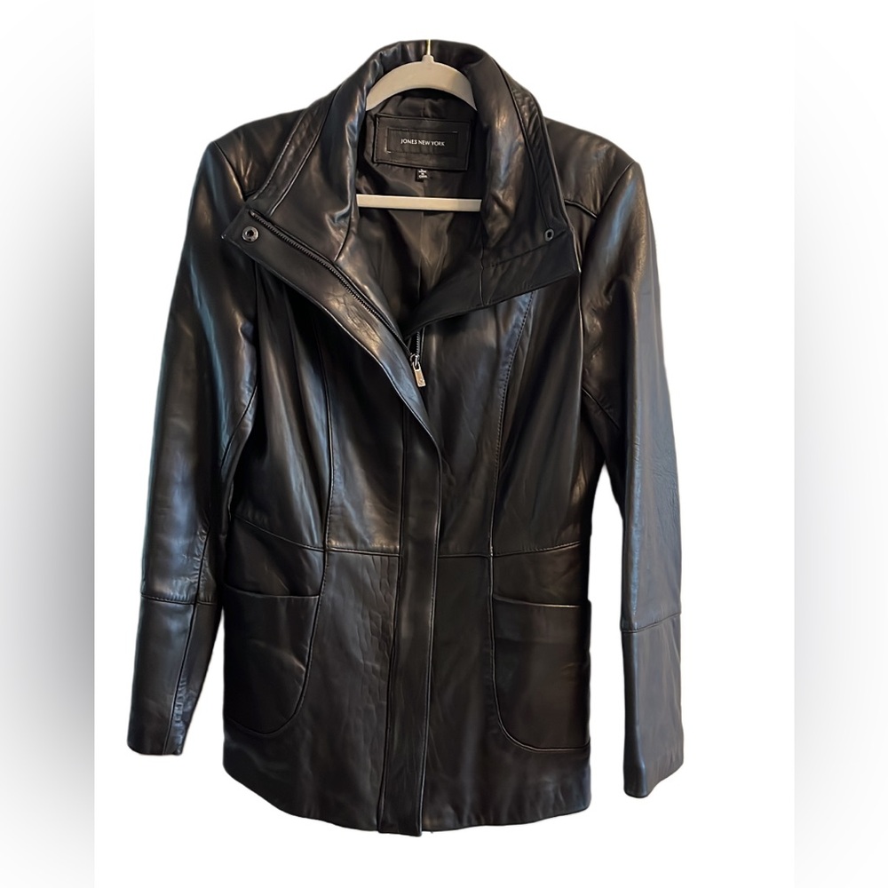 Women’s Jones New York Black Leather Zip-Front Jacket Size Large
